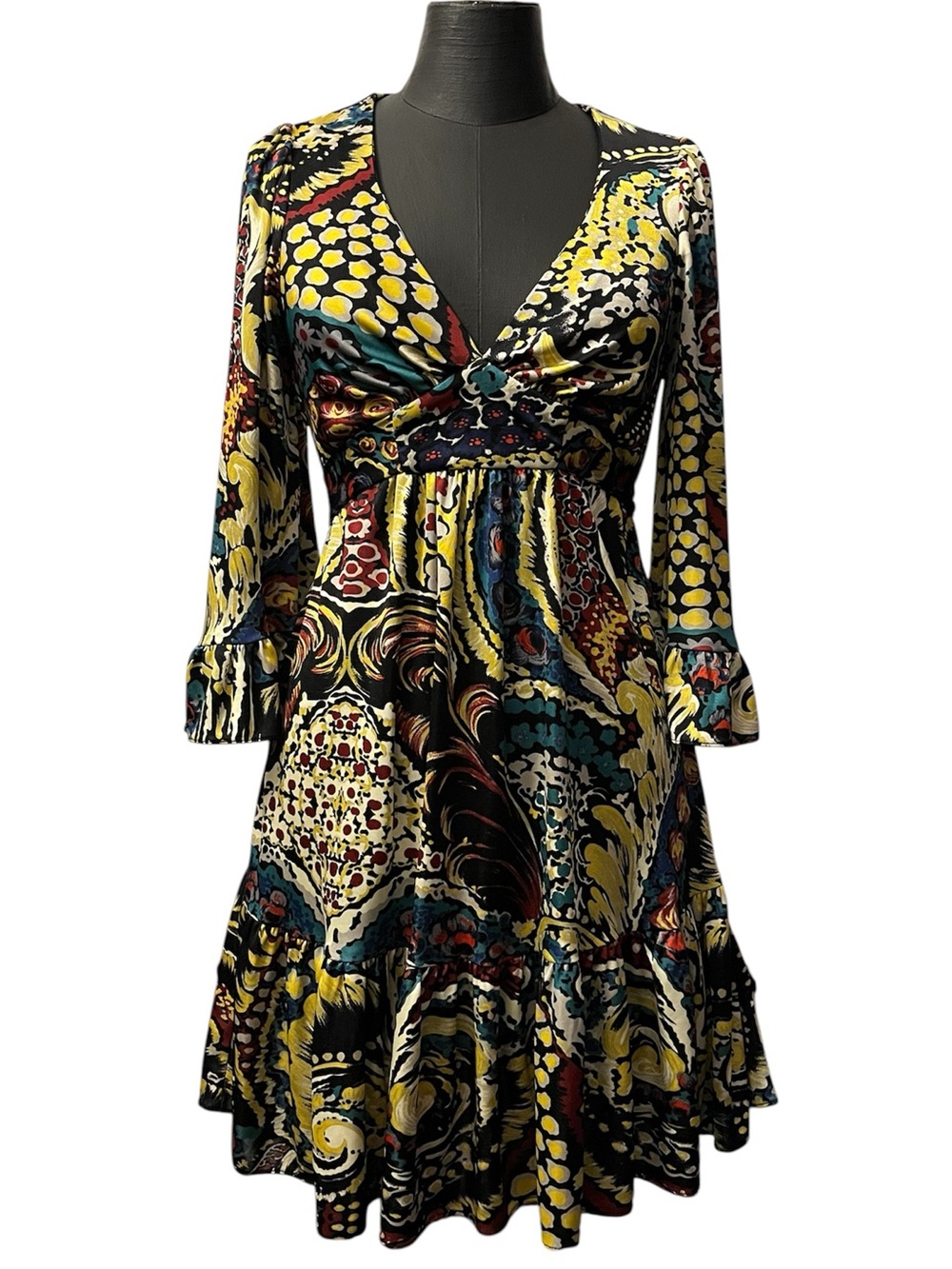 Vintage Betsey Johnson Dress Belted 70s Style Flare Ruffle Patterned Tie V-Neck